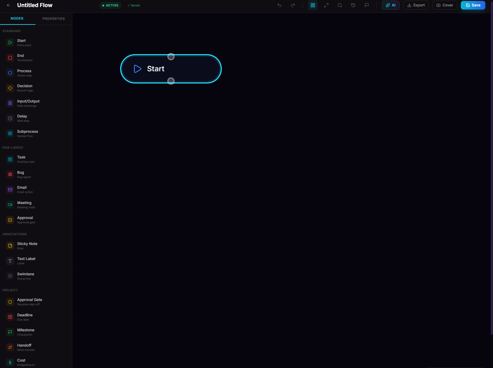 FreeFlowCharts editor showing a flowchart with multiple node types and a neon theme